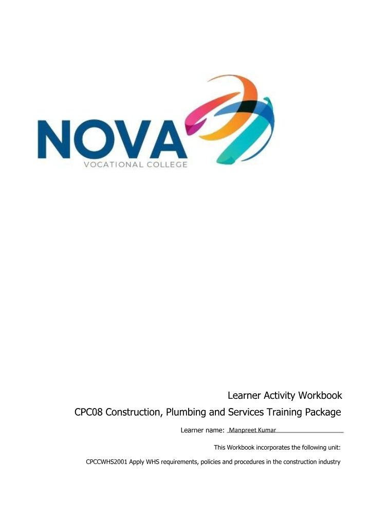WHS Requirements in Construction - CPCCWHS2001 Learner Workbook