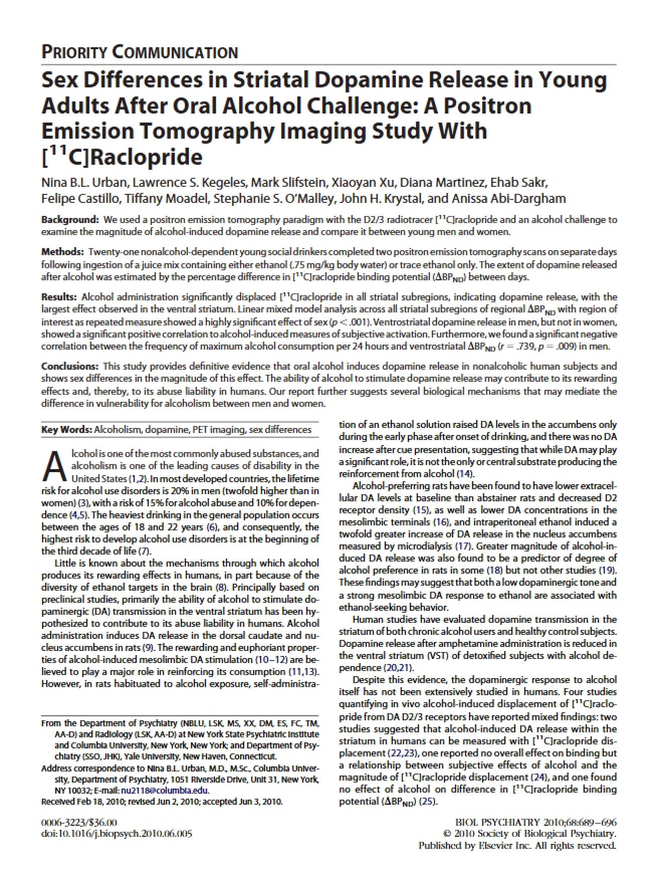 Young Adults Sex Differences in Striatal Dopamine Release