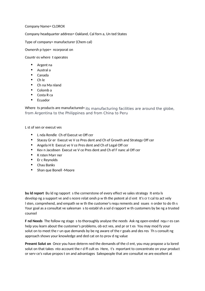 Consultative Sales Strategies - Clorox Company Profile