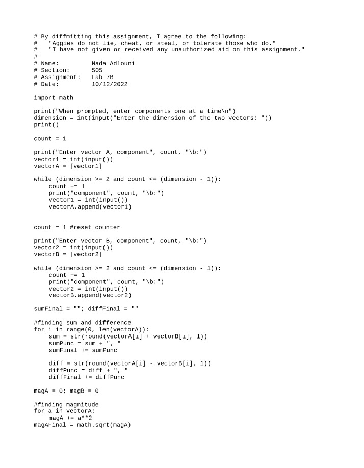 Vectors Calculation - Addition, Subtraction, and Dot Product