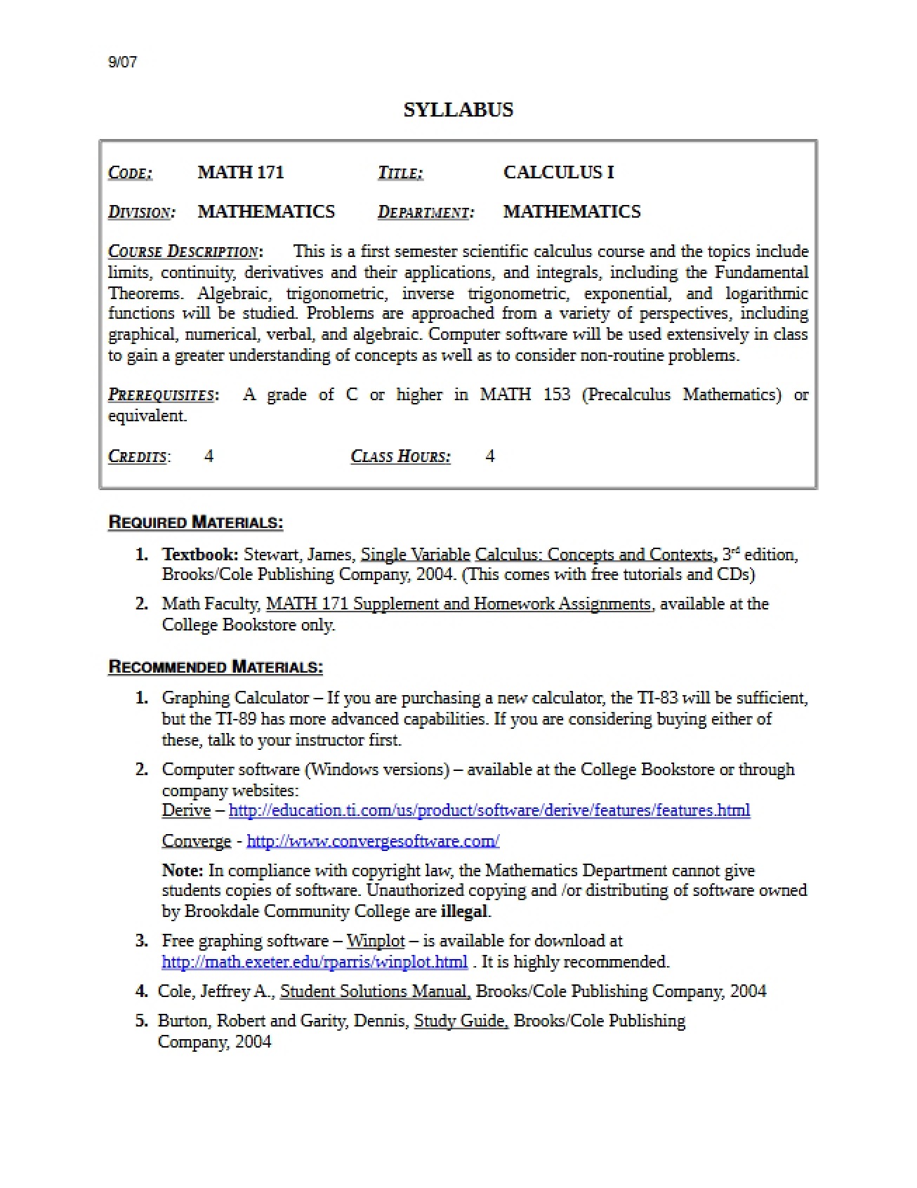 Calculus Syllabus - Part I