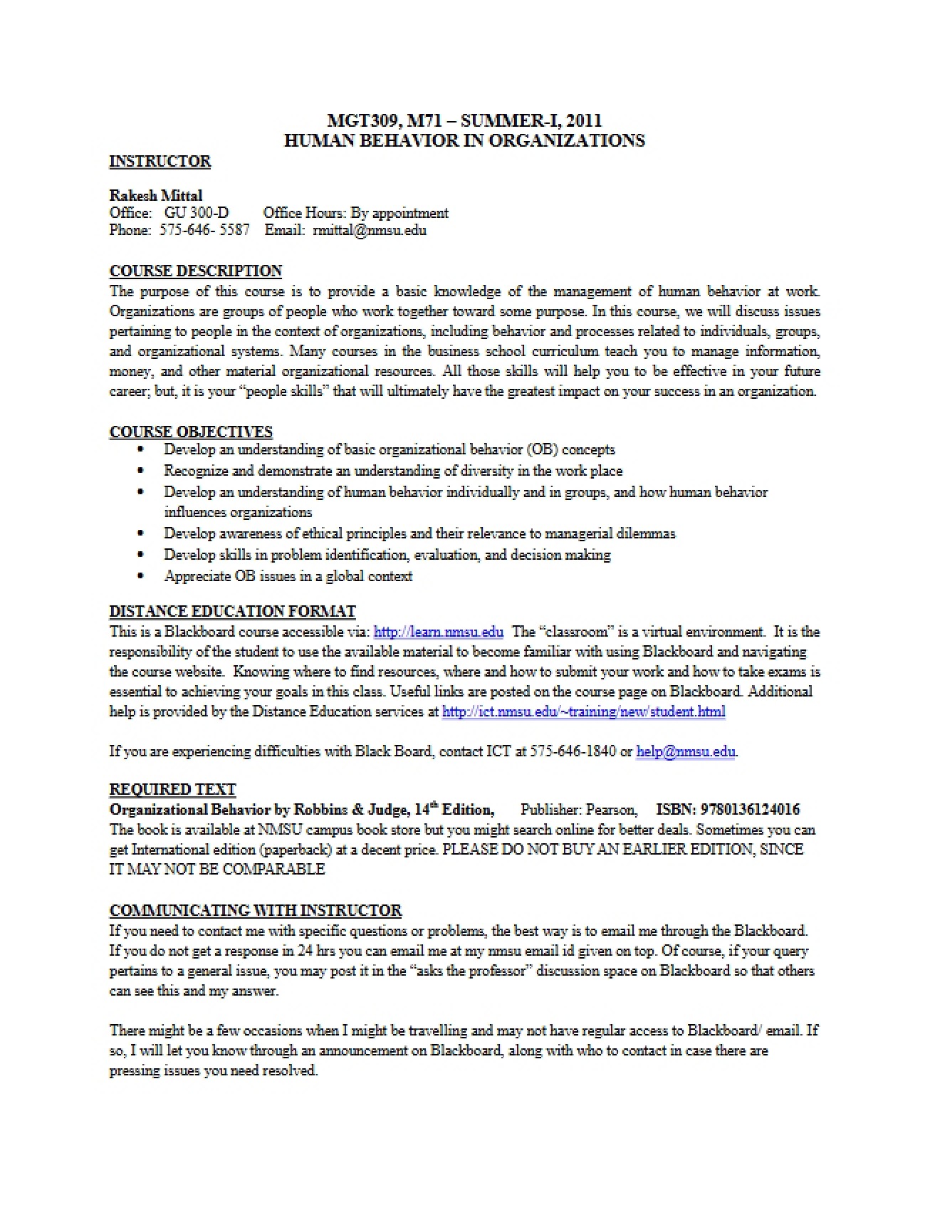 Overview of the Human Behavior in Organizations Syllabus
