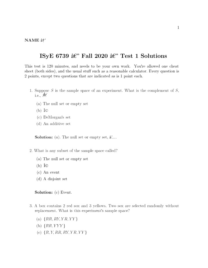 Probability Test 1 Solutions - ISYE 6739