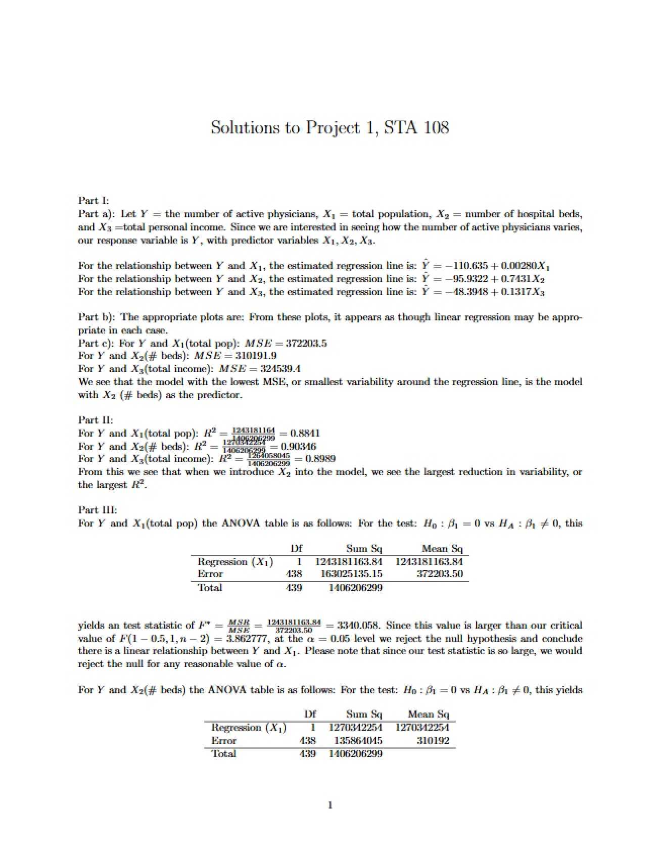 Solutions for Project 1 in STA 108