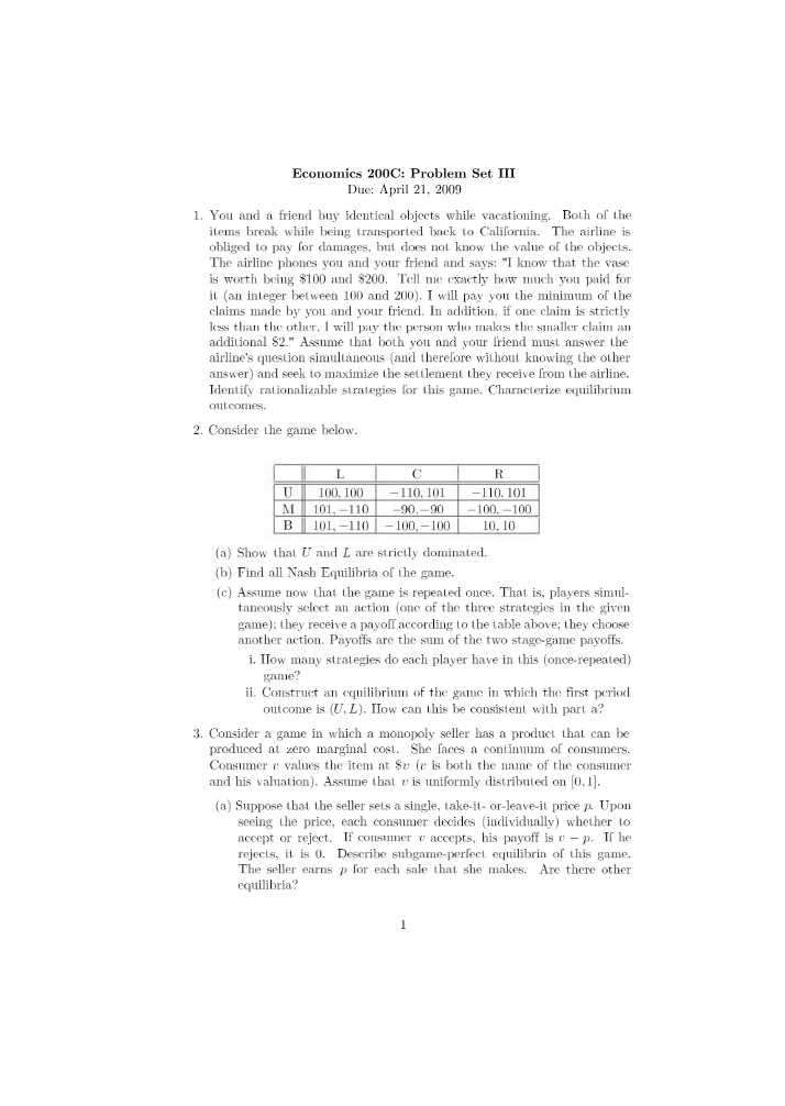 Rationalizable Strategies and Equilibrium Outcomes - Game Theory