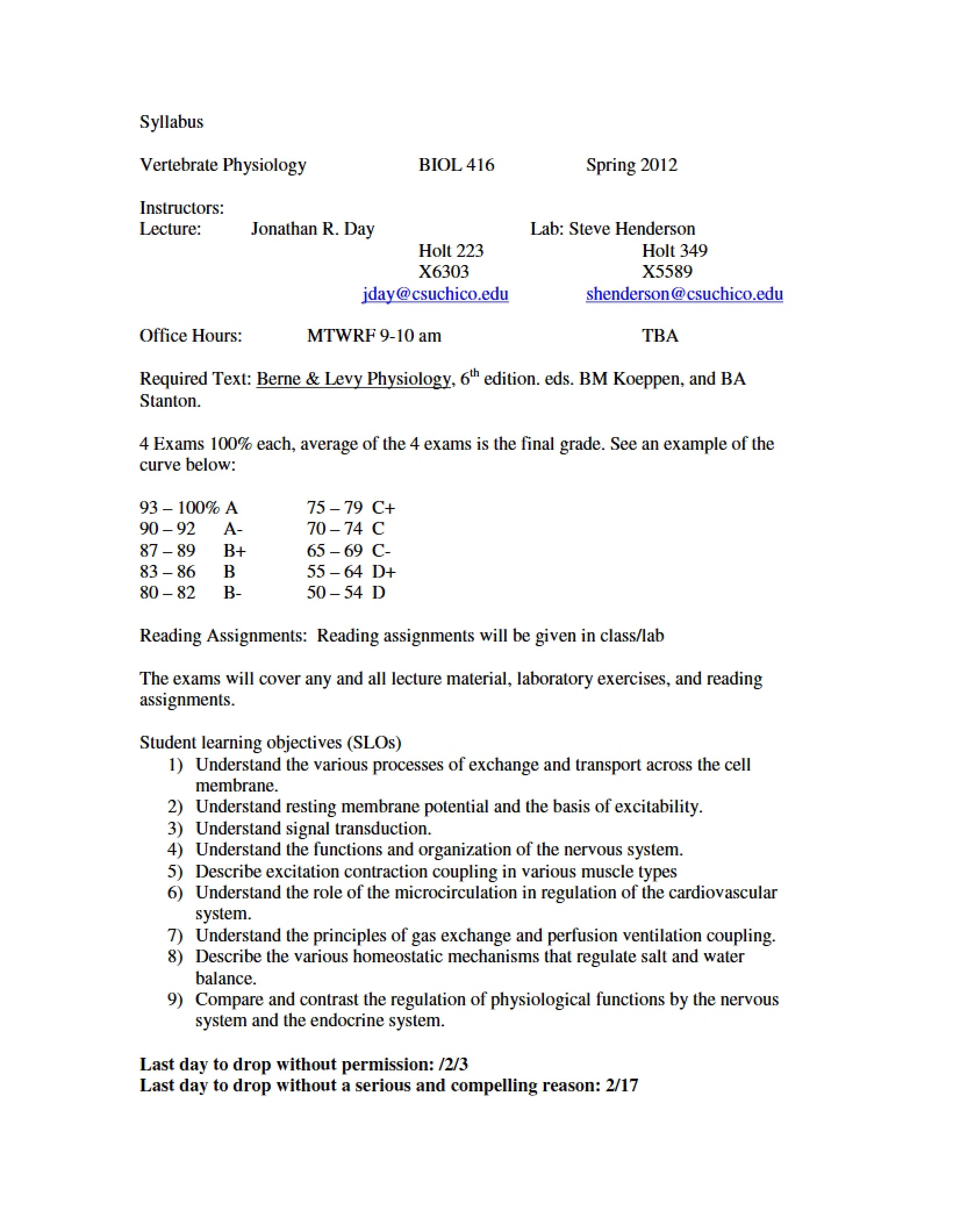 Syllabus Vertebrate Physiology