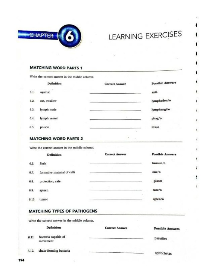 Word Parts and Pathogen Types Matching Exercises
