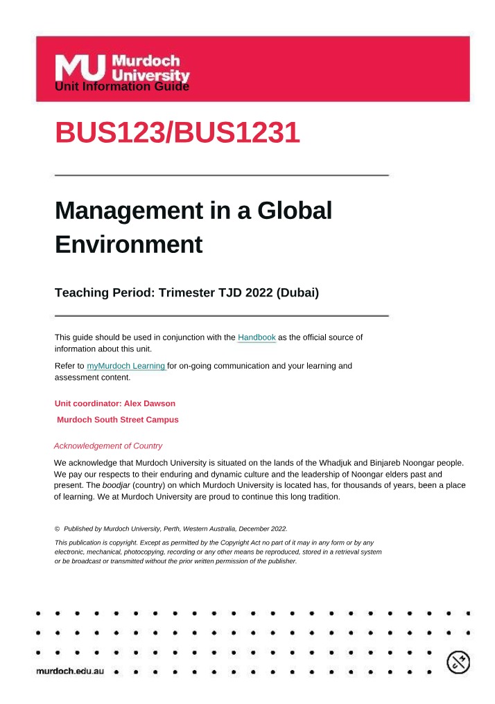 BUS123 Management Global Environment Unit Guide Final