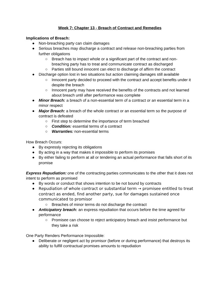 Remedies and Breach of Contract
