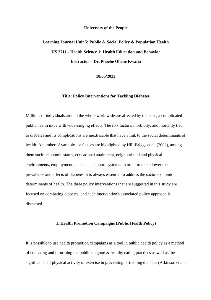 Tackling Diabetes with Policy Interventions