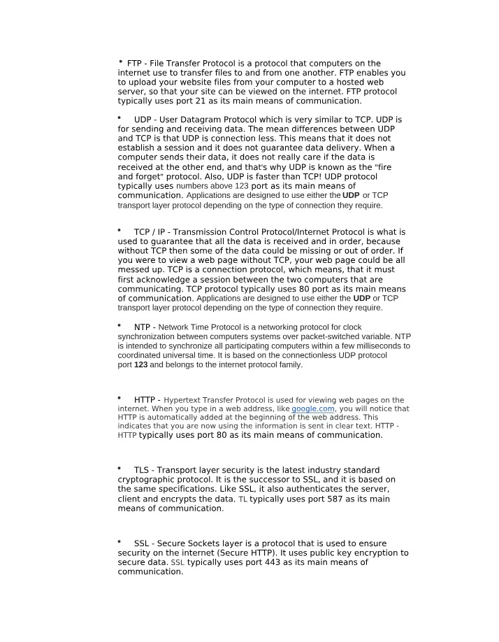 TCP-IP, UDP, FTP, NTP, and HTTP Protocols