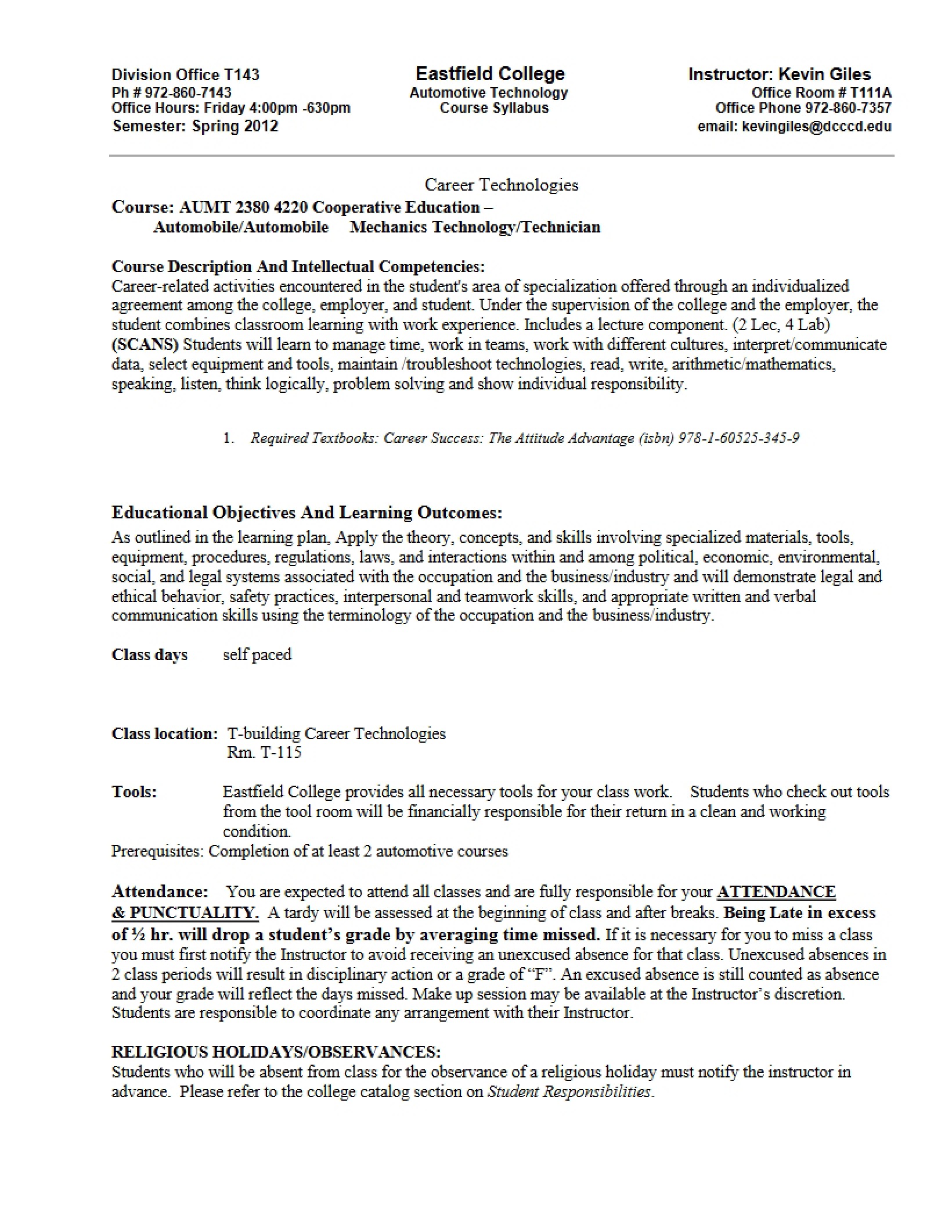 Syllabus for Coop Ed Auto Mech