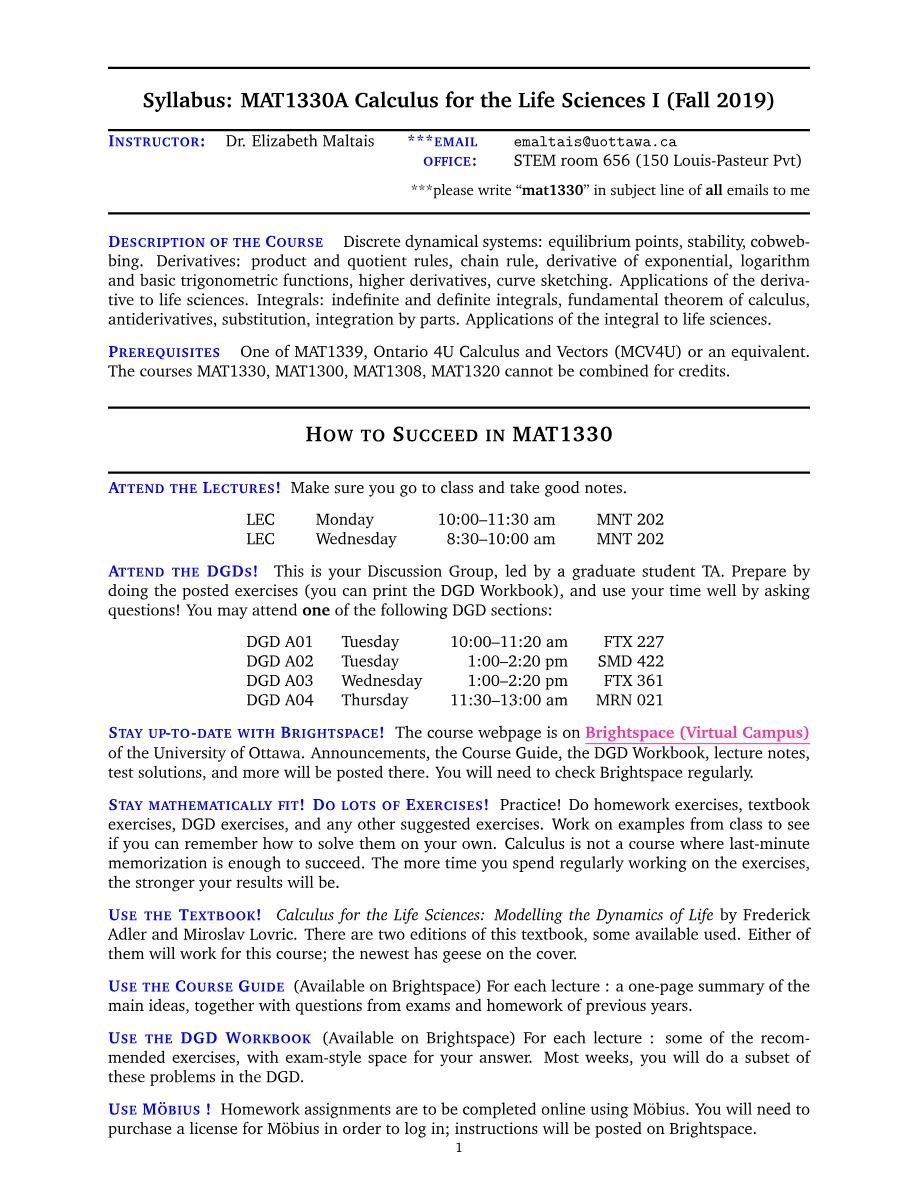 Syllabus (Fall 2019) - MAT1330A Calculus for the Life Sciences I