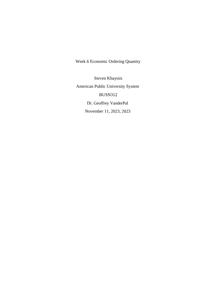 Economic Ordering Quantity - Week 6
