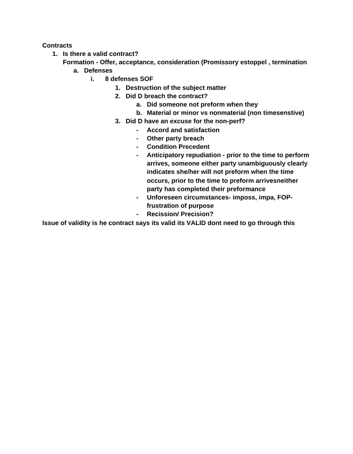 Study Notes - Contracts Validity, Formation, Defenses, and Breach
