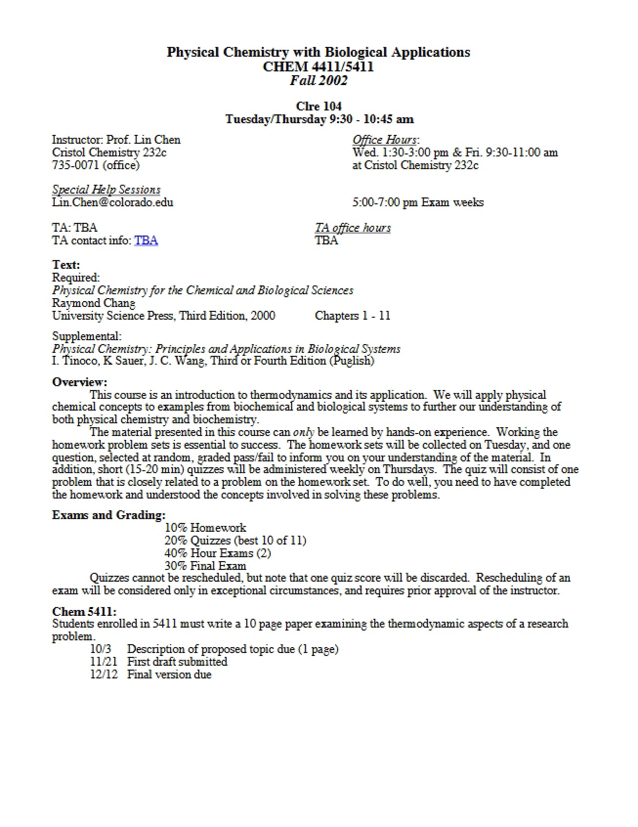 Syllabus for Physical Chemistry with Biochemistry Applications 1