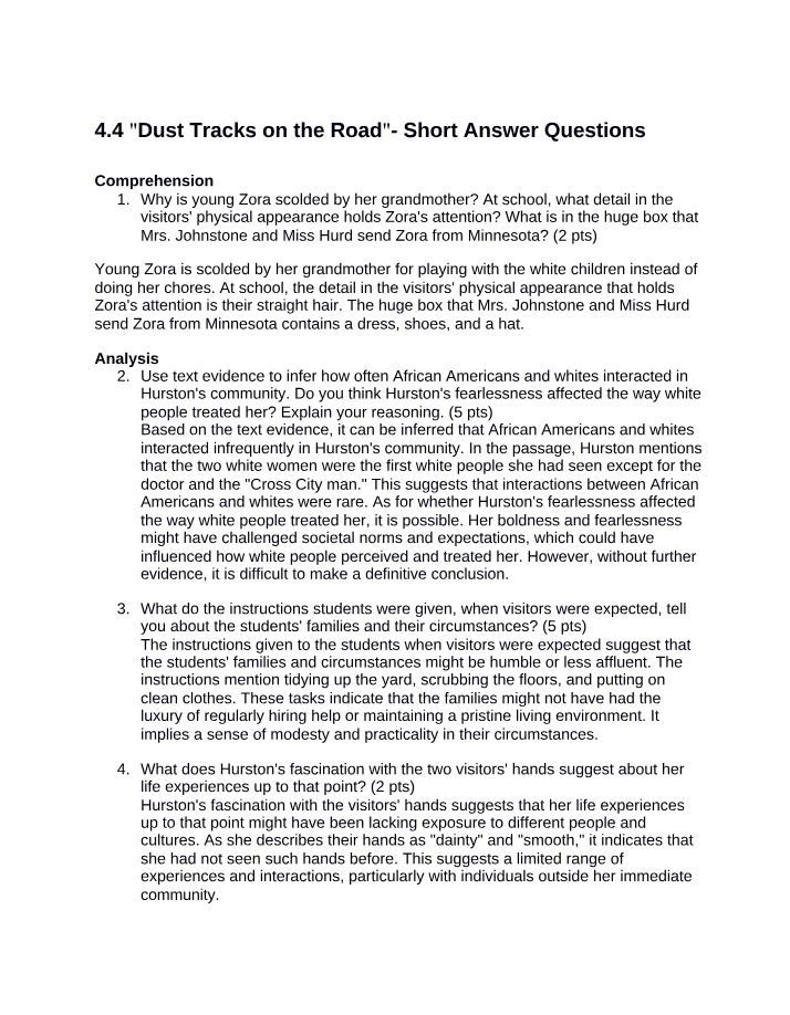 Short Answer Questions - Dust Tracks on the Road