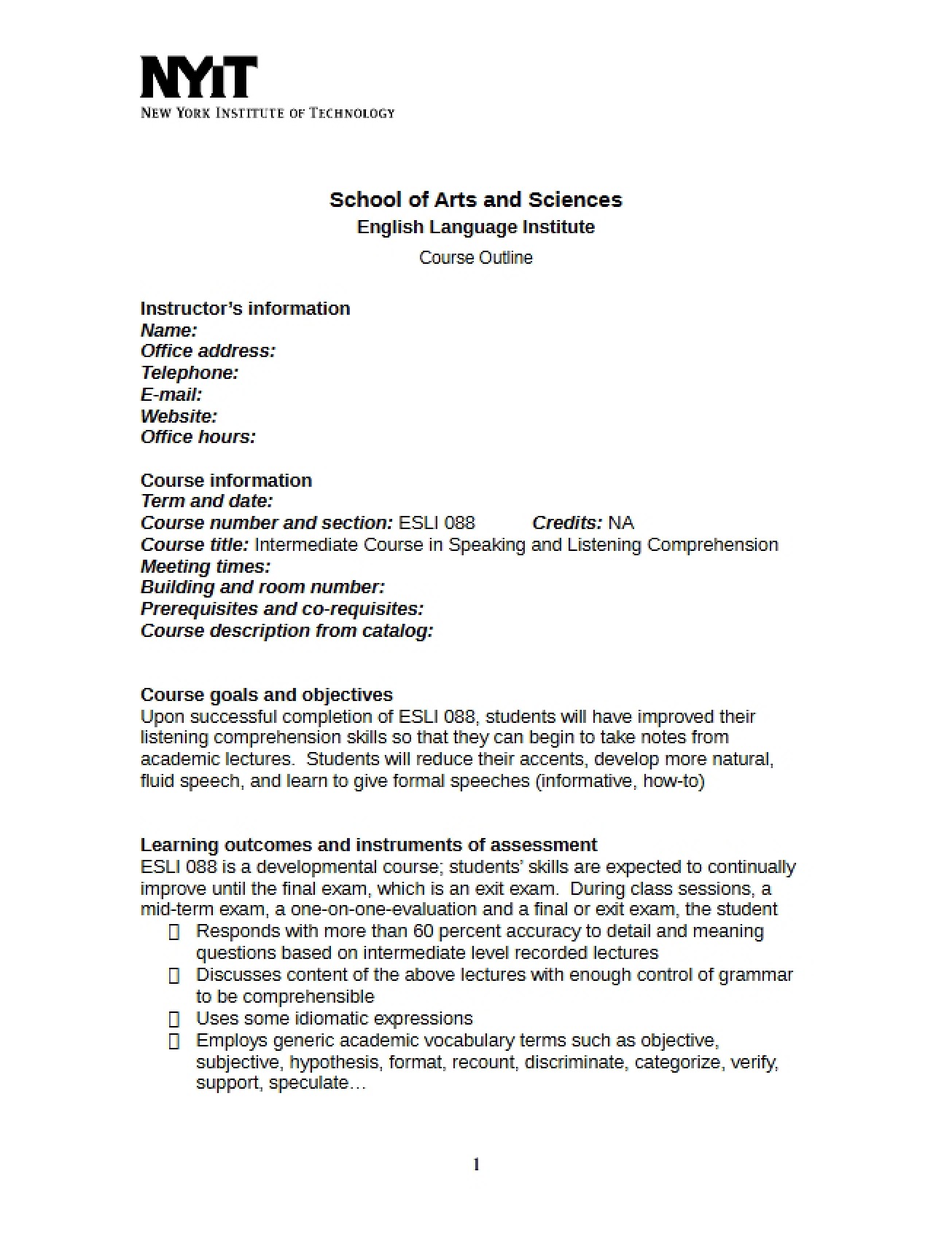 ESLI 088 Course Syllabus Template