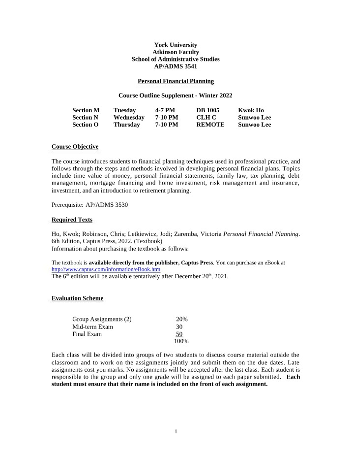 Winter 2022 Course Outline - Personal Financial Planning