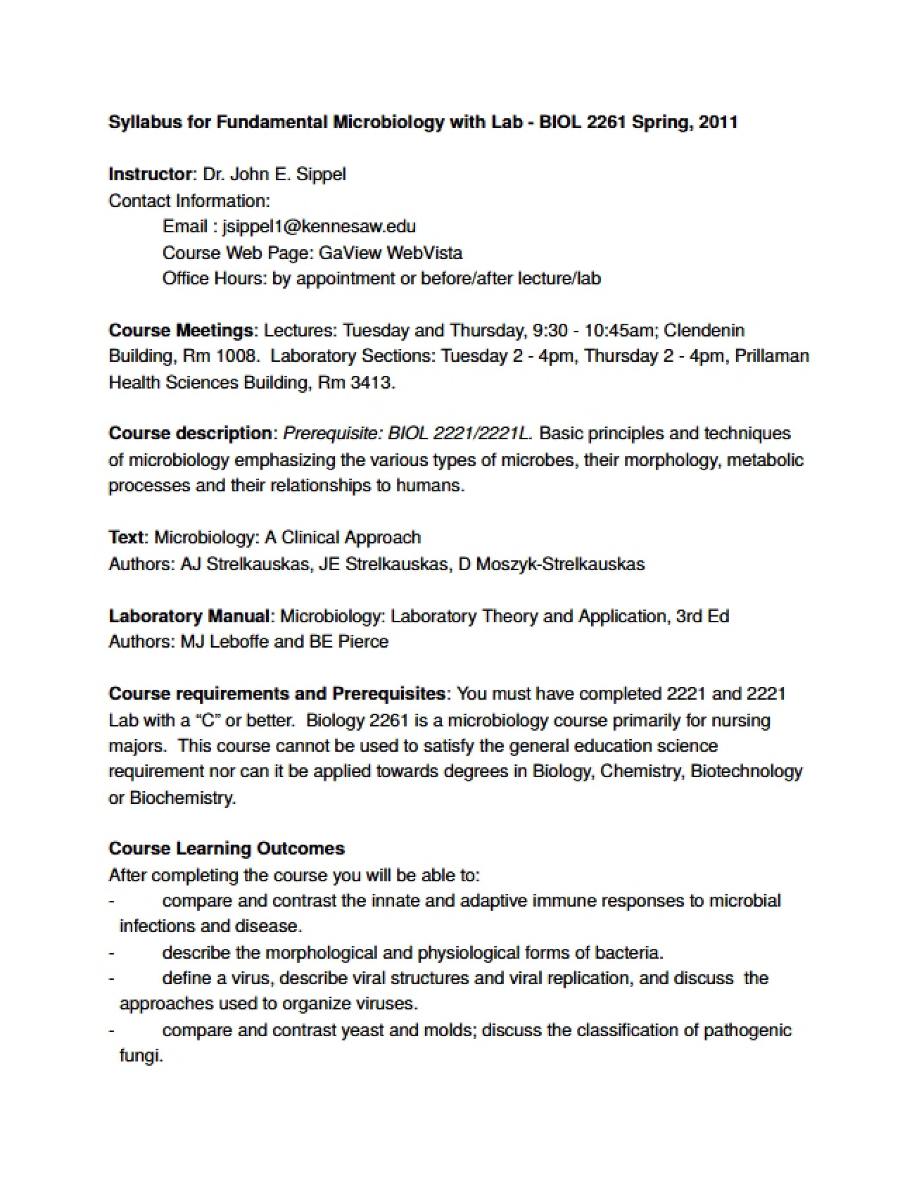 Course Syllabus for a Fundamental Microbiology Class