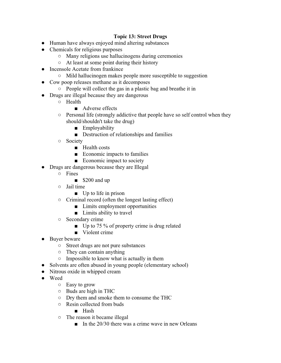 Street Drugs Lecture Notes Set 1