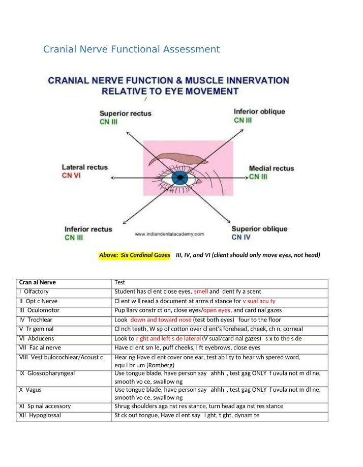 Functional Assessment of Cranial Nerves