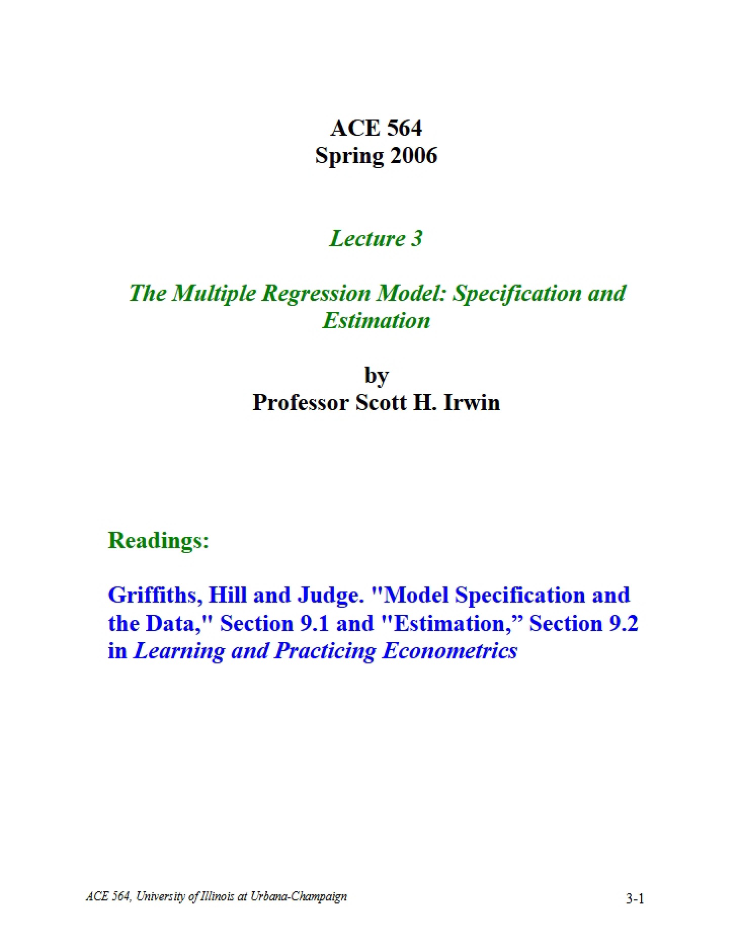 Estimation and Specification Multiple Regression