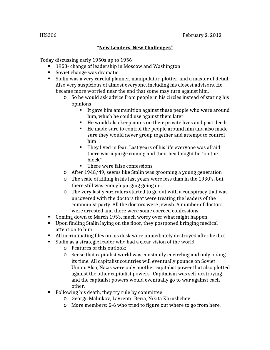 New Leaders, New Challenges - HIS306 Lecture (Feb 2, 2012)