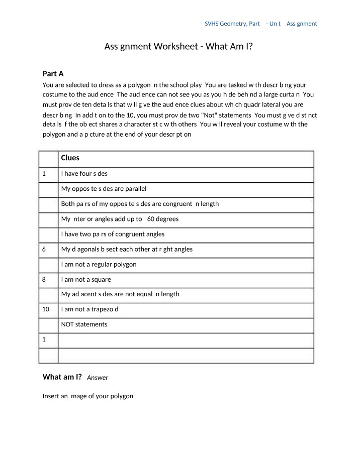 Geometry Unit 2 Assignment - What Am I