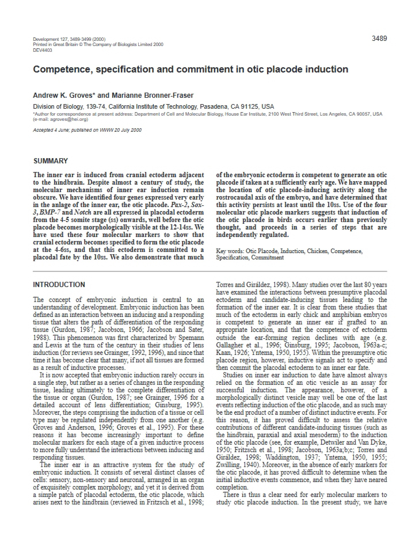 Otic Placode Induction Commitment, Specification, and Competence