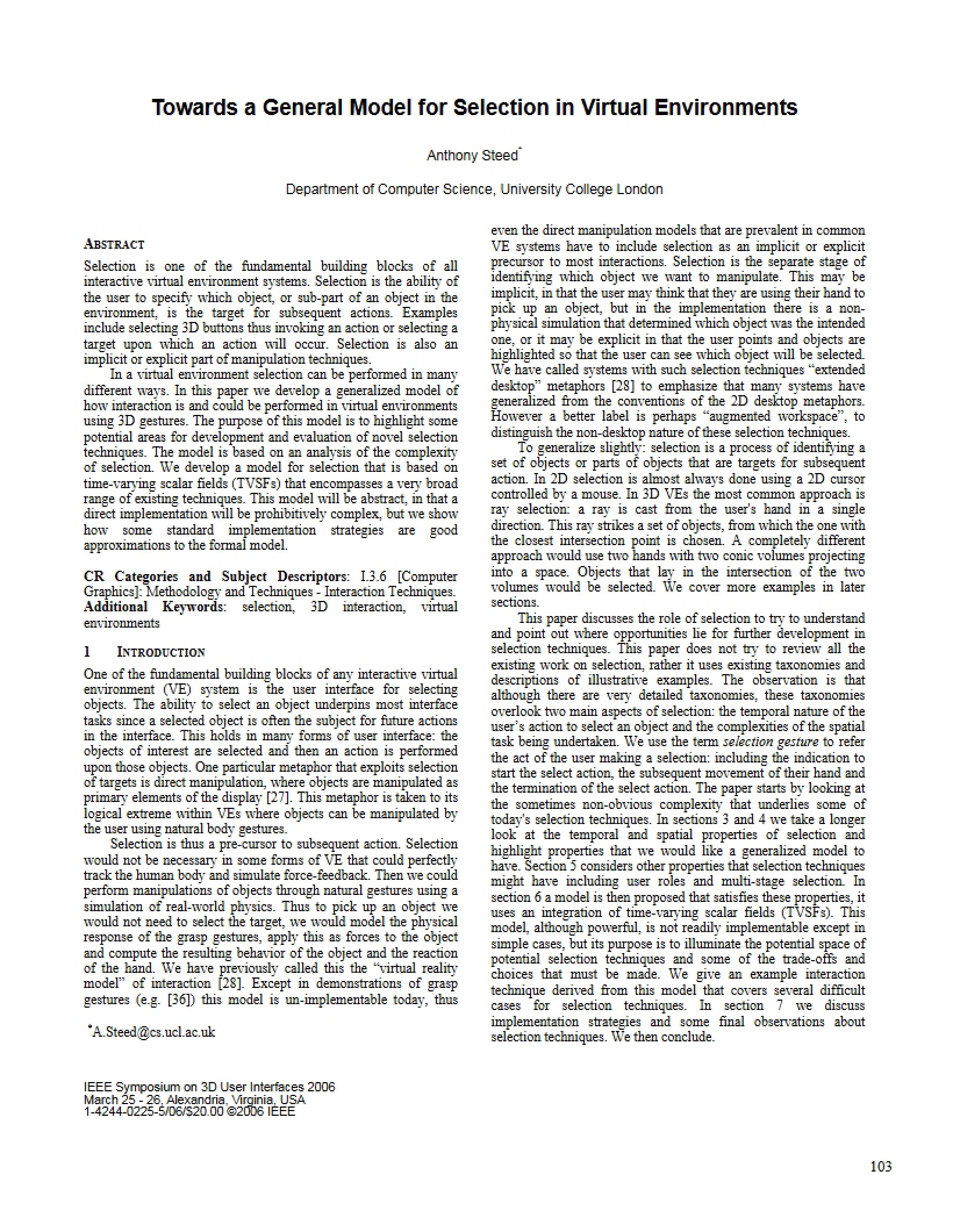 General Selection Model for Virtual Environments