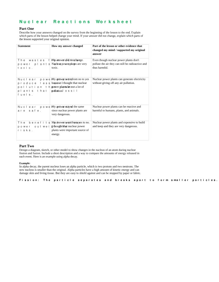 Worksheet for Nuclear Reactions