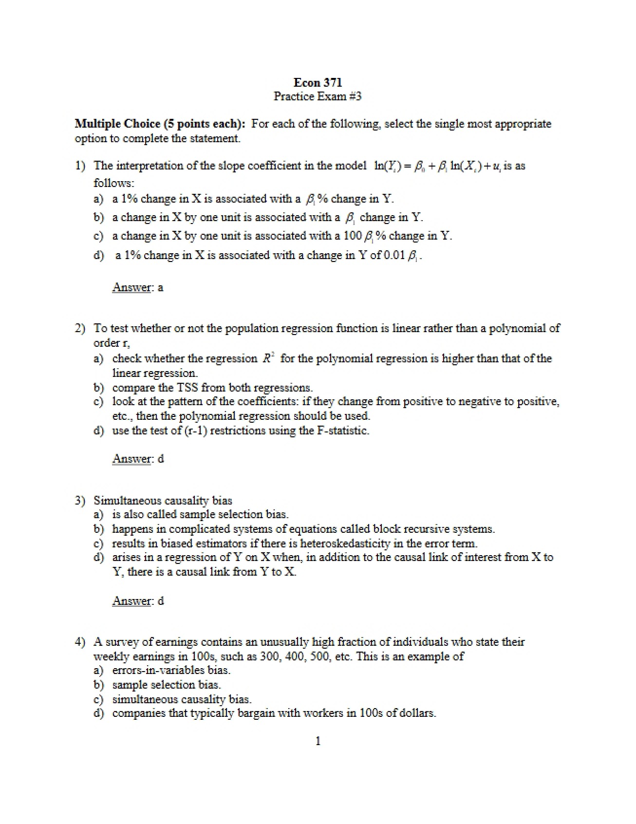 Third Practice Examination for Introduction to Econometrics
