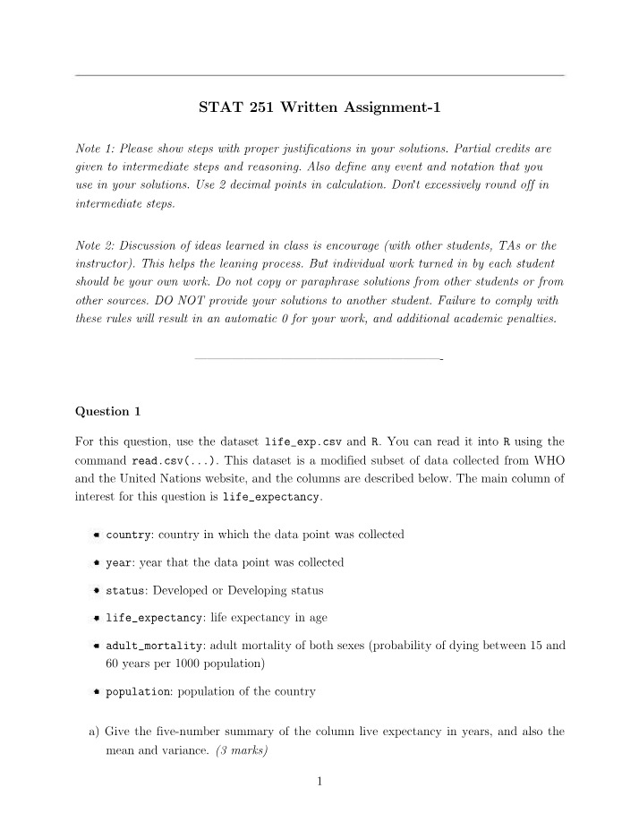 STAT 251 Written Assignment 1 Part A