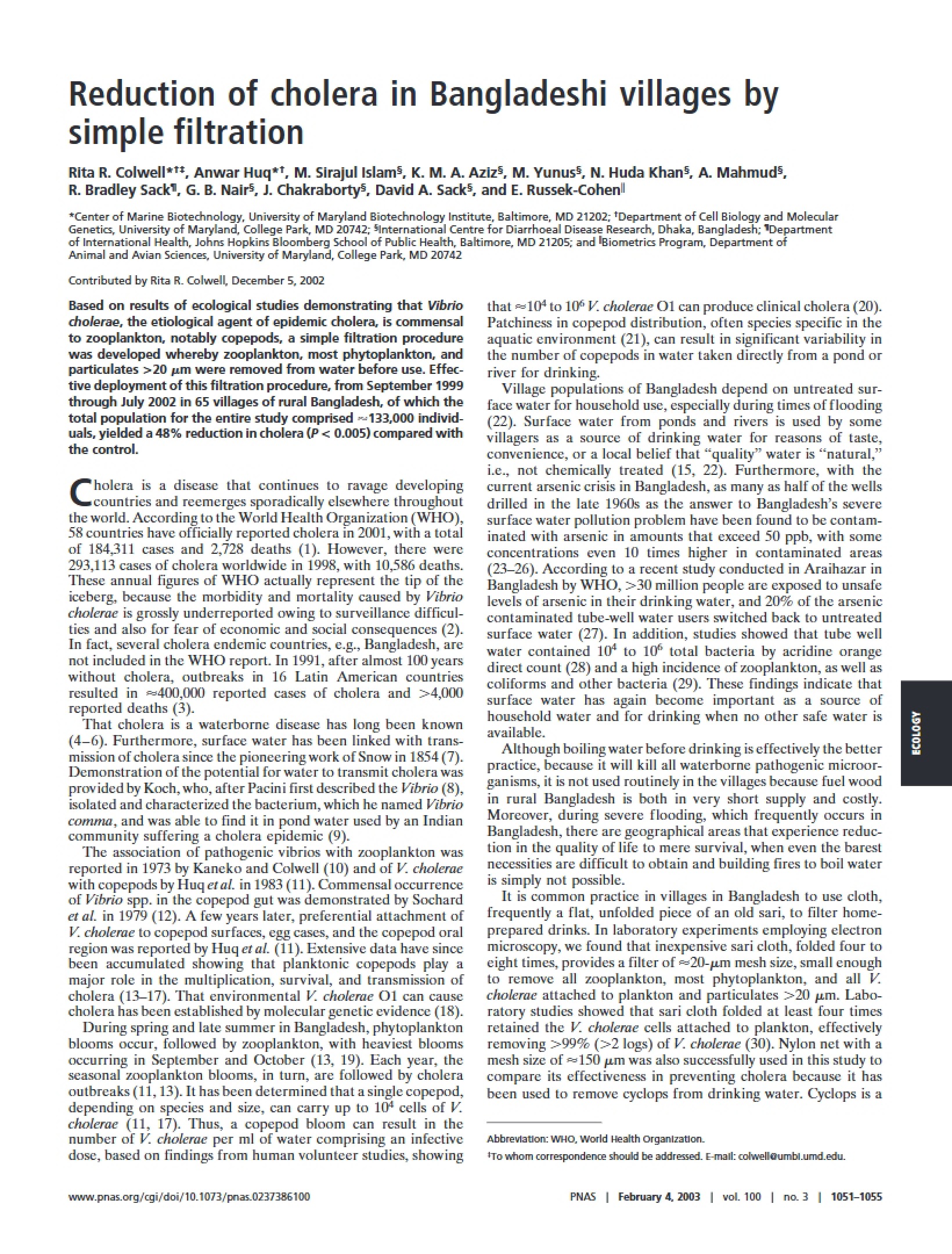 Simple Filtration for Cholera Reduction in Bangladeshi Villages