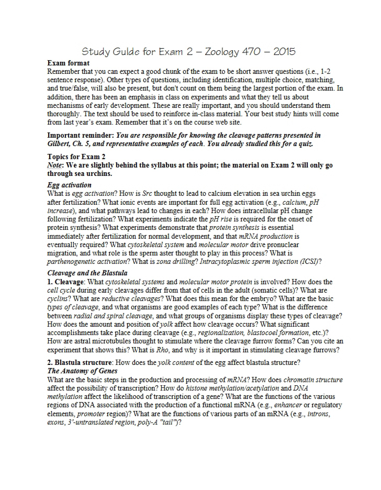 Exam 1 Preparation Guide - ZOOLOGY 470