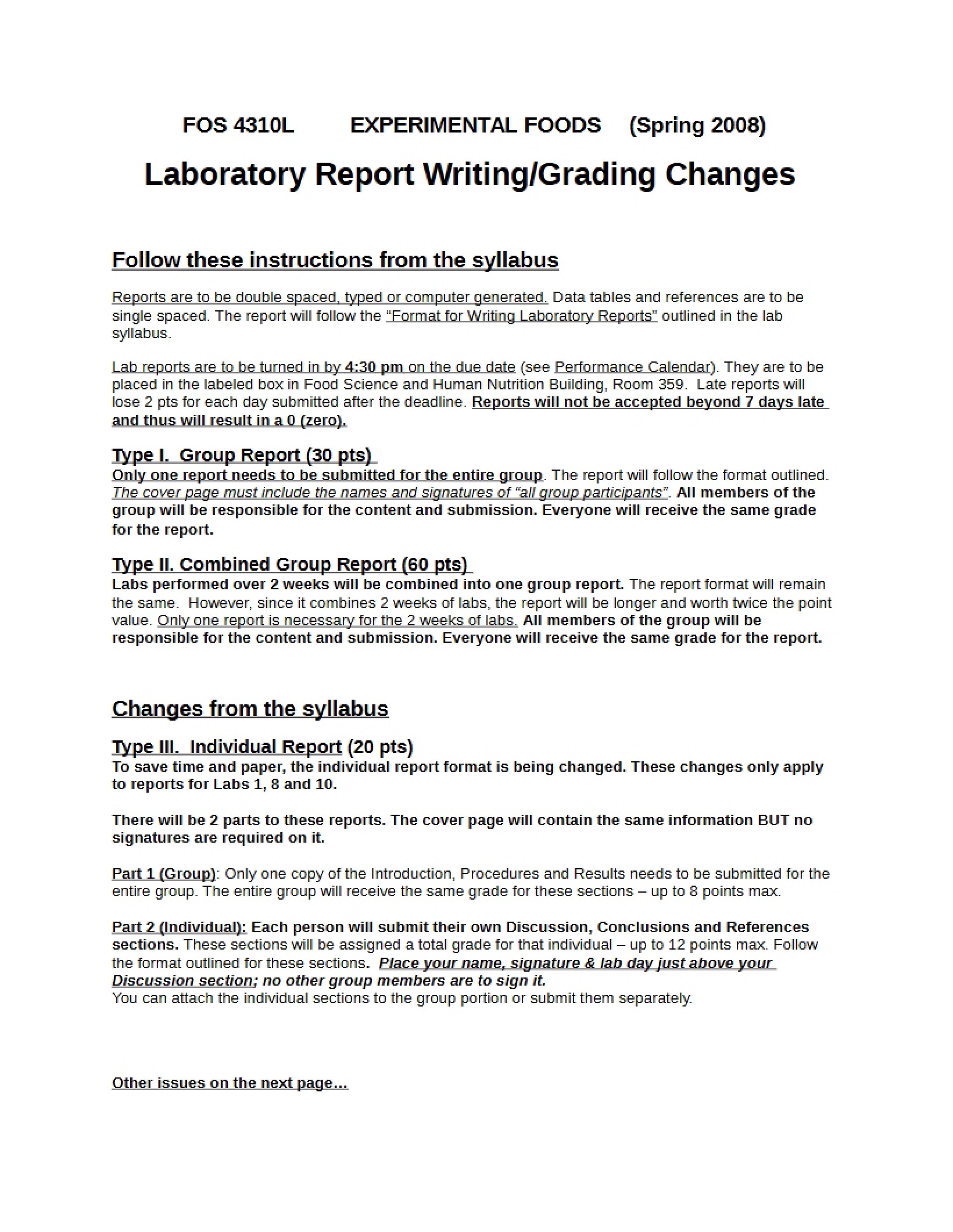 Grading Changes for Laboratory Report Writing