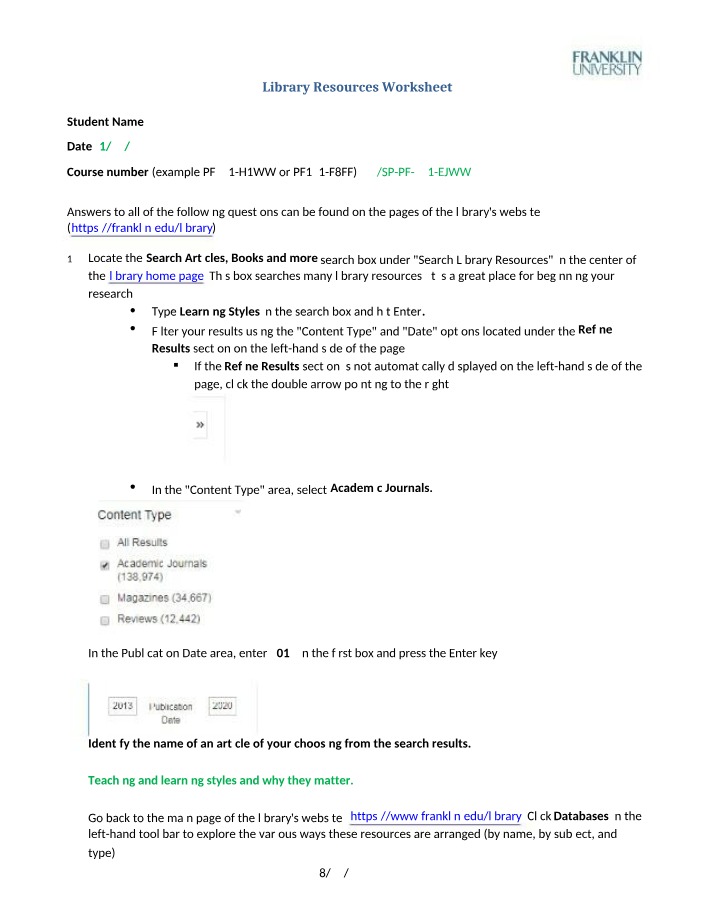 Worksheet for Library Resources