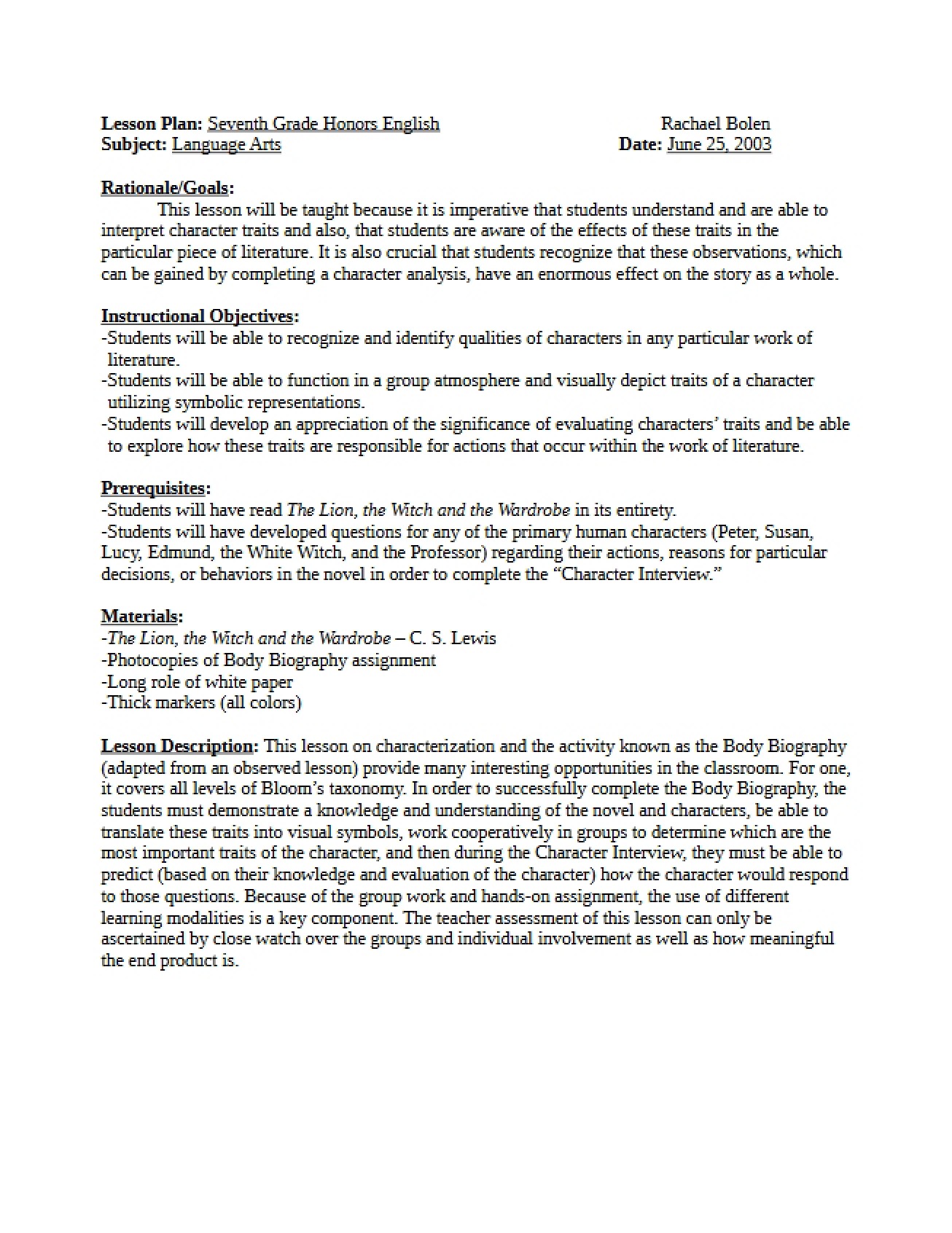 Lesson Plan Seventh Grade Honors English