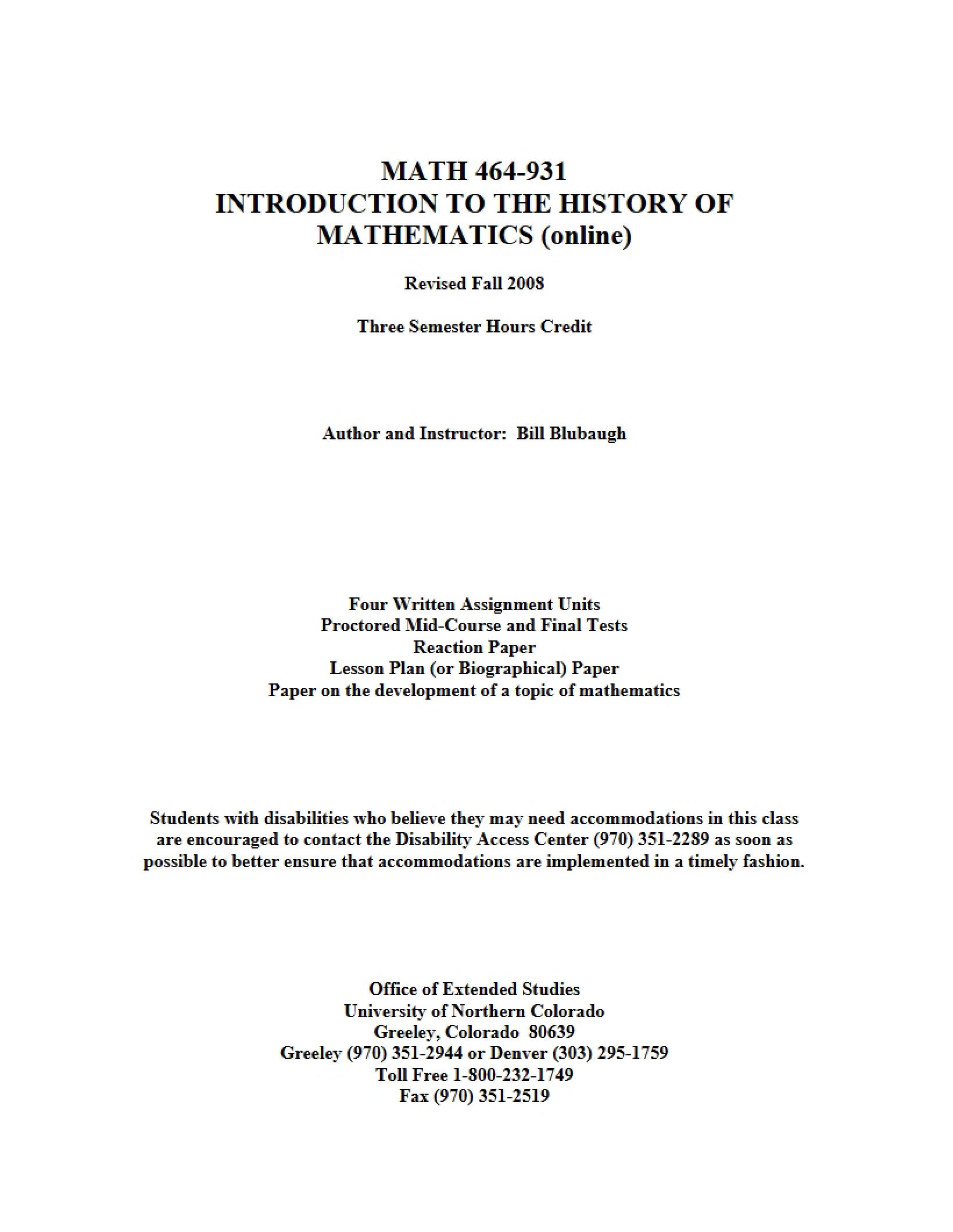 History of Mathematics Syllabus