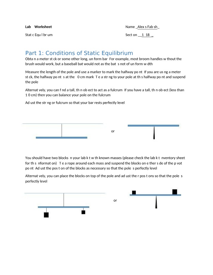 Lab 9 - Static Equilibrium and Torque Calculations Worksheet