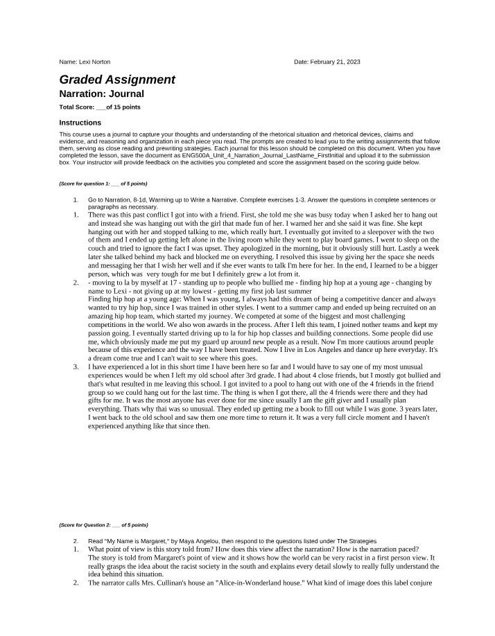 Unit 4 Narration Journal