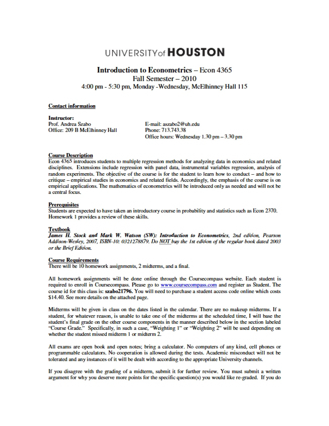Econometrics Intro Syllabus