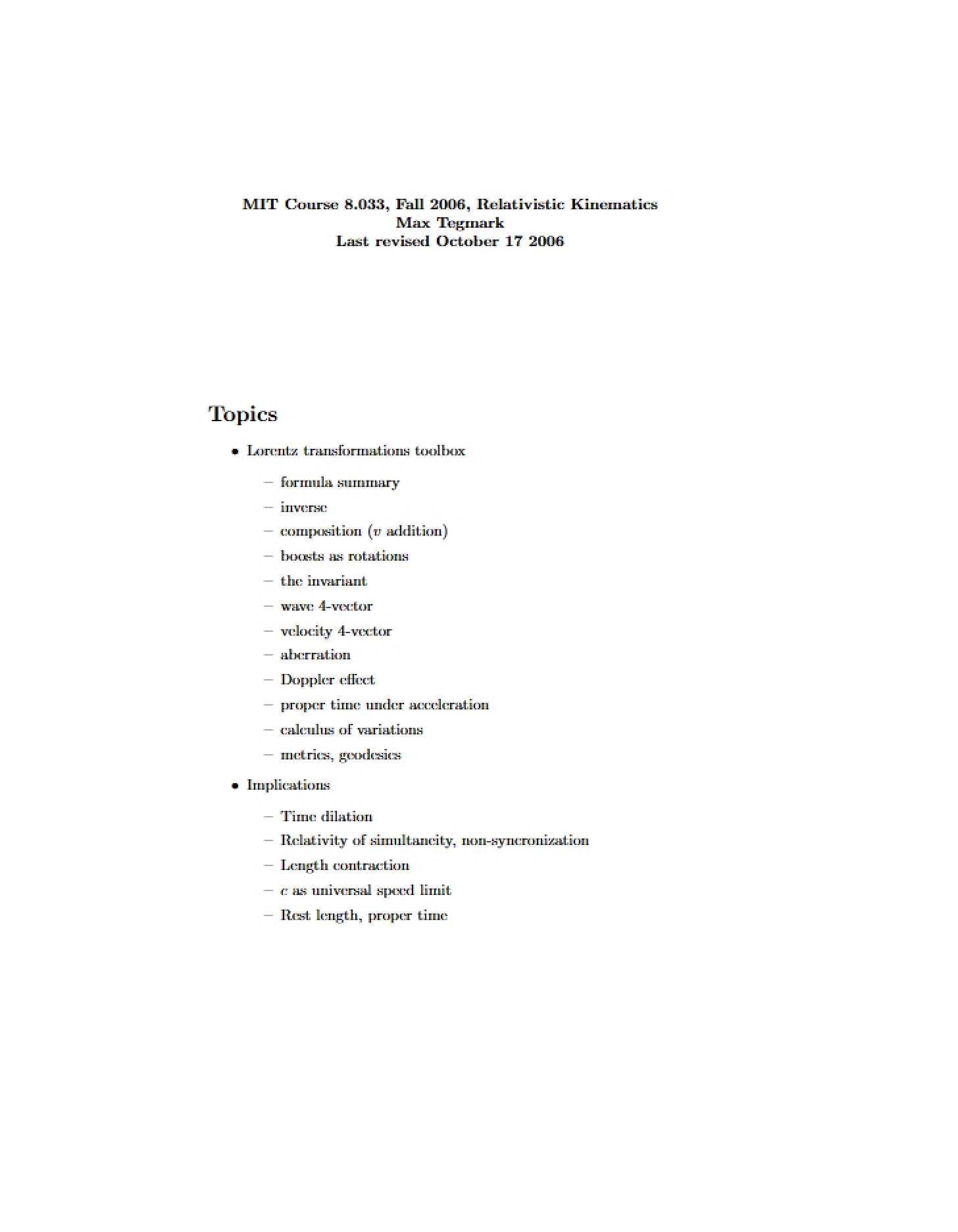 Kinematics in Relativity