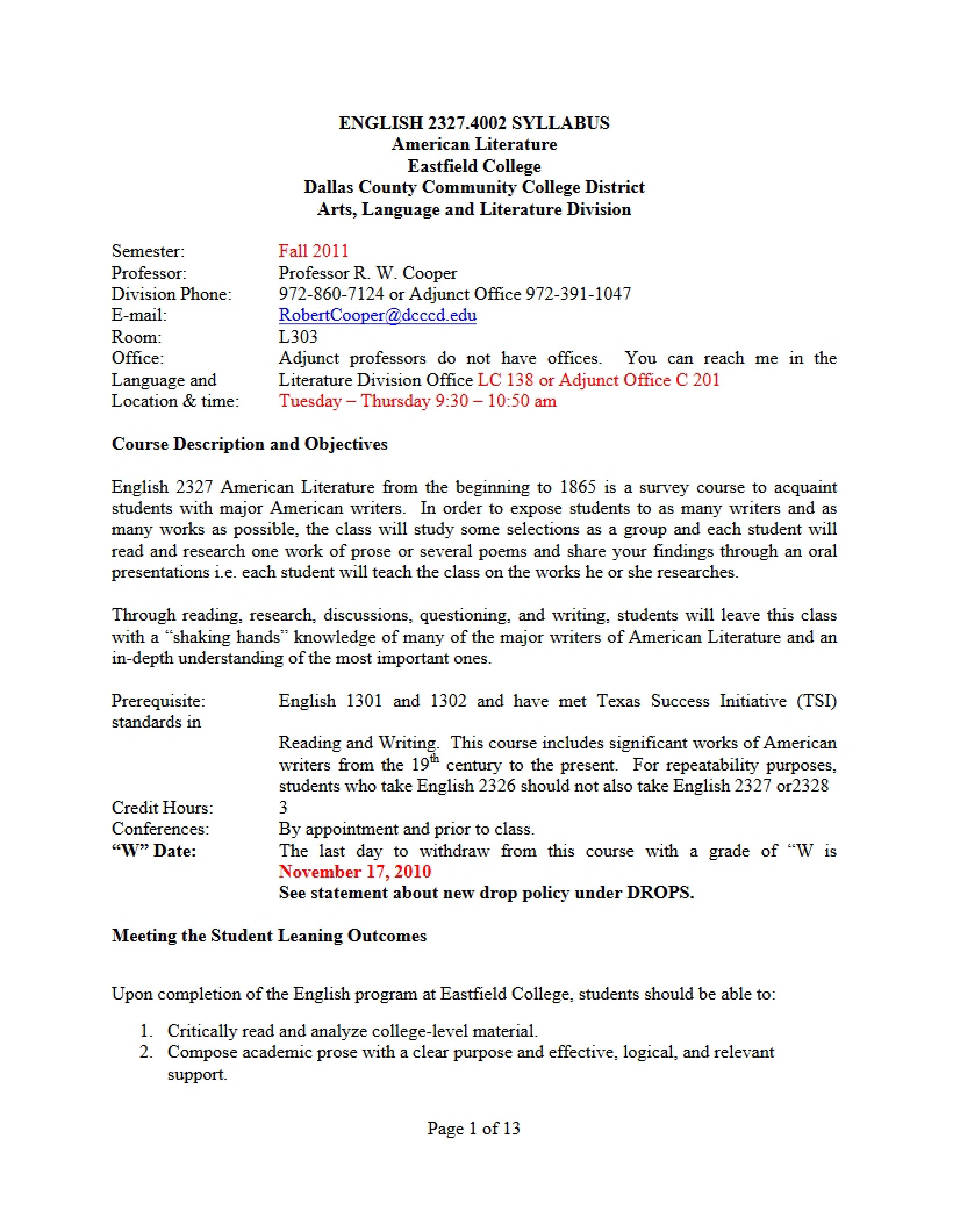 Syllabus - American Literature I