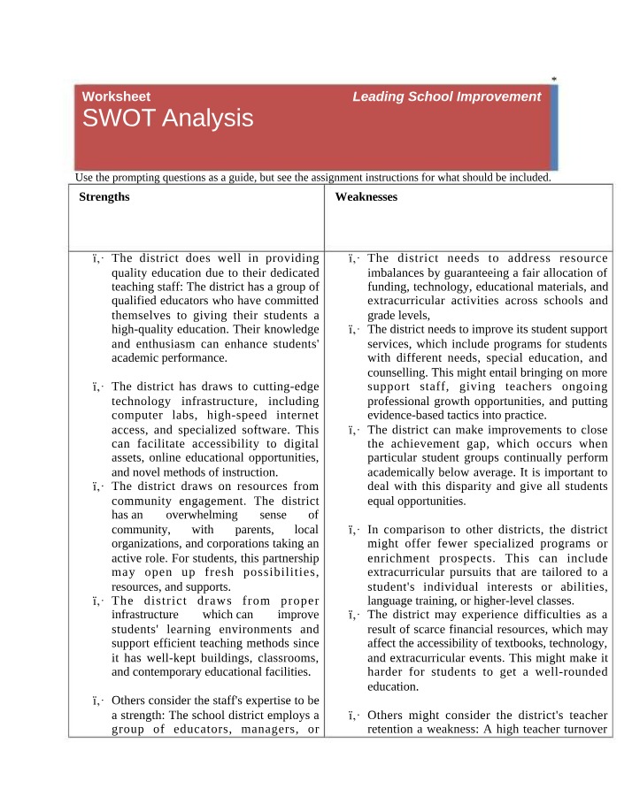 SWOT Analysis and Opportunities for Enhancing School Improvement