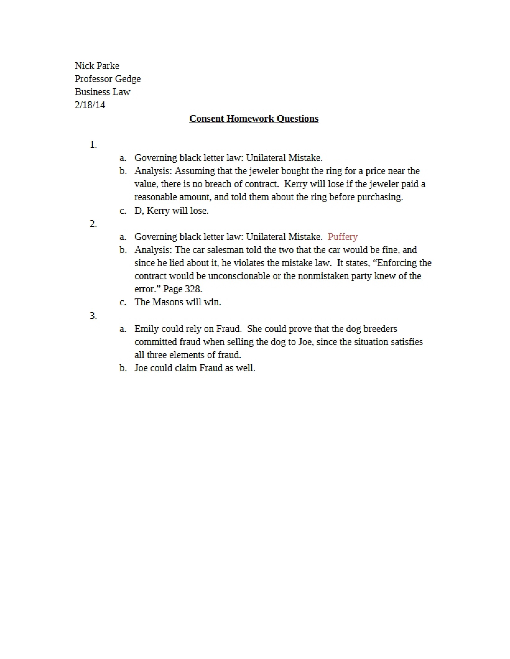 Homework Questions on Consent