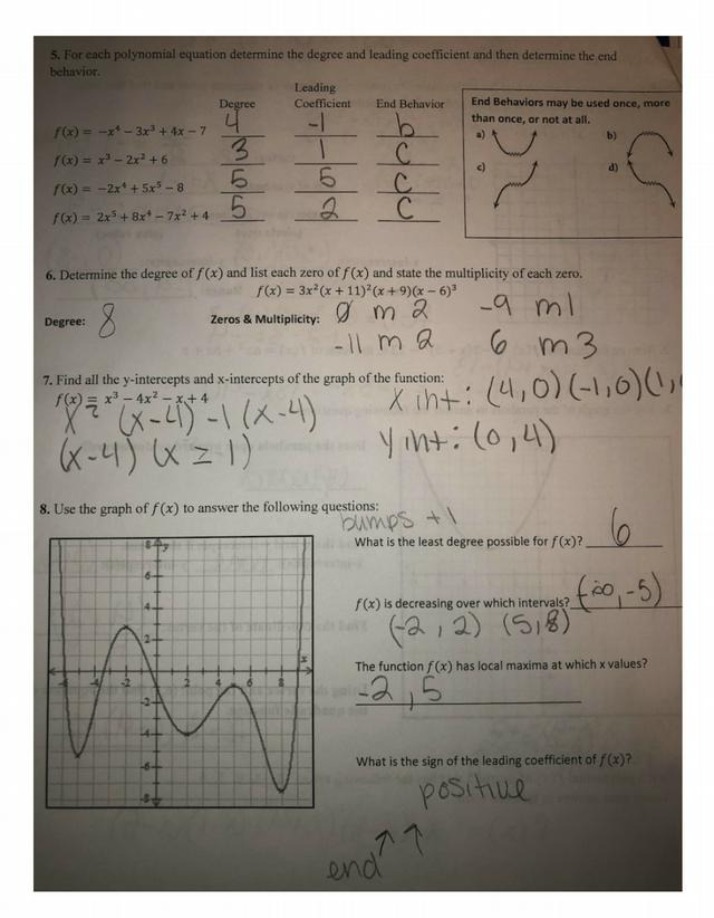 Worksheet for Polynomial Functions