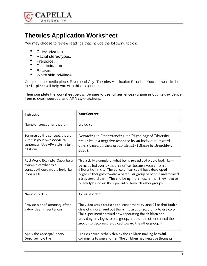Theories Application Worksheet Part 3
