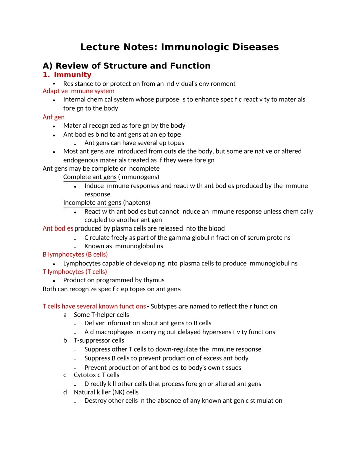 Immunologic Diseases - Lecture Notes